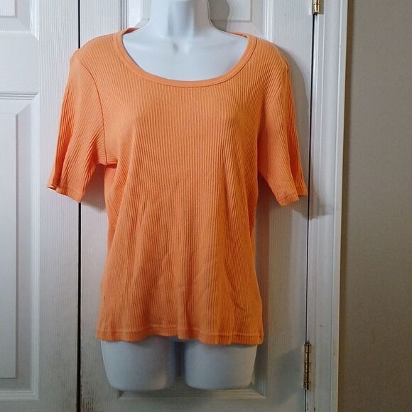 Lauren Ralph Lauren green label light orange ribbed short sleeve top  Sz XL - Picture 1 of 6
